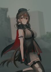 Rule 34 | 1girl, absurdres, black cape, black gloves, black hat, black necktie, black thighhighs, blurry, blurry background, blush, braid, breasts, brown eyes, brown hair, cape, chihuri, commentary request, day, depth of field, dsr-50 (girls&#039; frontline), garrison cap, girls&#039; frontline, gloves, grey shirt, grey skirt, hair between eyes, hair ornament, hat, highres, large breasts, long hair, looking at viewer, mini hat, multicolored cape, multicolored clothes, necktie, outdoors, parted lips, pleated skirt, red cape, shirt, skirt, sleeveless, sleeveless shirt, solo, thighhighs, torn clothes, torn thighhighs, very long hair