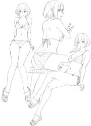 Rule 34 | 1girl, arm support, ass, back, bikini, breasts, cleavage, commentary request, crossed legs, food in mouth, from behind, full body, ikayaki, lineart, looking back, medium breasts, monochrome, multiple views, o-ring, o-ring bikini, original, ryuuta (msxtr), sandals, short hair, side-tie bikini bottom, sideboob, sitting, smile, striped bikini, striped clothes, swimsuit, v