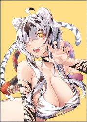 Rule 34 | 1girl, absurdres, ahoge, animal ears, ass, bare shoulders, bell, black hair, bra, bra pull, breasts, chinese zodiac, claws, cleavage, clothes pull, fangs, fingernails, highres, huge breasts, kei (soundcross), large breasts, long hair, looking at viewer, multicolored hair, one eye covered, open mouth, original, sharp fingernails, simple background, smile, solo, tail, tiger, torn clothes, underwear, white hair, year of the tiger, yellow background, yellow eyes
