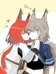 Rule 34 | 2girls, animal ears, arknights, ashlock (arknights), black shirt, blue eyes, closed eyes, crop top, flametail (arknights), gauntlets, grey hair, hair between eyes, hand on another&#039;s face, heart, kiss, kissing cheek, material growth, midriff, multiple girls, oripathy lesion (arknights), red hair, shirt, short hair, short hair with long locks, simple background, squirrel ears, squirrel girl, squirrel tail, tail, toto (t0t00629), upper body, white background, white shirt, yuri