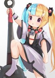 Rule 34 | 1girl, :o, absurdres, arm up, bead bracelet, beads, blonde hair, blue hair, blunt bangs, blush, bracelet, dress, gradient background, grey background, grey dress, grey socks, hair ornament, highres, holding, holding weapon, horns, jewelry, knee up, kobi (piliheros2000), long hair, mace, multicolored hair, no shoes, oni, oni horns, original, parted lips, purple eyes, short sleeves, skull, socks, solo, split-color hair, standing, twintails, two-tone hair, v-shaped eyebrows, very long hair, weapon, white background, wide sleeves, wrist cuffs