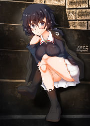 Rule 34 | 1girl, black hair, blue eyes, blush, breasts, closed mouth, girls und panzer, glasses, highres, large breasts, looking at viewer, megadeko, military, military uniform, ooarai military uniform, oryou (girls und panzer), panties, smile, solo, underwear, uniform, white panties