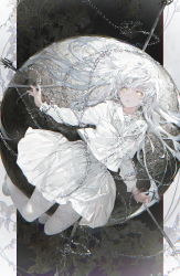 Rule 34 | 1girl, absurdres, between legs, blouse, chain, closed mouth, floating hair, full body, grey hair, highres, long hair, long sleeves, looking at viewer, neckerchief, orb, original, outstretched arms, pale skin, pantyhose, parted lips, pleated skirt, pole, restrained, school uniform, serafuku, shirt, shoes, skirt, solo, straight hair, taiki (luster), very long hair, white footwear, white hair, white neckerchief, white pantyhose, white serafuku, white shirt, white skirt, yellow eyes