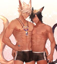 2boys abs absurdres animal_ears black_hair black_male_underwear bulge cat_boy cat_ears cat_tail commission dark-skinned_male dark_skin highres male_focus male_underwear multiple_boys muscular muscular_male navel nipples original red_eyes short_hair smile stomach tail teeth topless_male underwear white_hair white_pubic_hair zhineart