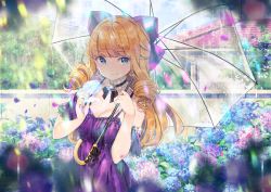 Rule 34 | 1girl, bad id, bad pixiv id, blonde hair, blue eyes, blue flower, blurry, blurry foreground, bow, breasts, building, cleavage, closed mouth, commentary, depth of field, dress, english commentary, flower, goyain, hair bow, hands up, highres, holding, holding umbrella, hydrangea, long hair, looking at viewer, medium breasts, original, outdoors, pink flower, purple bow, purple dress, rain, ringlets, smile, solo, transparent, transparent umbrella, umbrella, very long hair