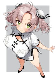 Rule 34 | 1girl, blush, breasts, china dress, chinese clothes, double bun, dress, full body, green eyes, grey background, grey hair, hair bun, kantai collection, kinugasa (kancolle), large breasts, long hair, looking at viewer, sawamura aoi, smile, solo, white background, white dress