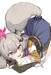 Rule 34 | 1girl, absurdres, ahoge, all fours, animal ears, blue archive, blue skirt, blush, bridal gauntlets, commentary request, fang, grey hair, hair ornament, halo, highres, long hair, looking at viewer, michiru (blue archive), neku01n, open mouth, raccoon ears, raccoon girl, raccoon tail, red halo, simple background, sketch, skin fang, skirt, smile, solo, tail, white background, yellow eyes