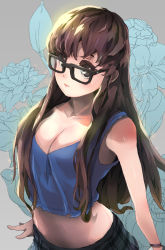 Rule 34 | 1girl, alternate costume, alternate hairstyle, arms at sides, bare arms, bare shoulders, black-framed eyewear, blue shirt, blush, body blush, breasts, brown eyes, brown hair, cleavage, closed mouth, collarbone, crop top, eyelashes, floral background, glasses, hair down, highres, large breasts, lepusnette, looking at viewer, mei (overwatch), miniskirt, overwatch, overwatch 1, pink lips, plaid, plaid skirt, shirt, skirt, sleeveless, solo, upper body, wrist straps