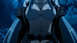 Rule 34 | 10s, 1girl, akame ga kill!, animated, animated gif, blue hair, bra, breasts, cleavage, cloud, esdeath, large breasts, long hair, night, smile, solo, tattoo, underwear