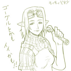 Rule 34 | 00s, 1girl, elf, elvaan, final fantasy, final fantasy xi, goggles, goggles on head, green theme, monochrome, pointy ears, sketch, solo, wrench