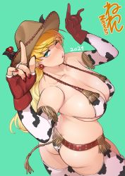 Rule 34 | 1girl, 2021, ;q, animal print, ass, asymmetrical gloves, belt, bikini, blonde hair, blue eyes, blush, breasts, chaps, chinese zodiac, cleavage, collarbone, commentary request, cow horns, cow print, cowboy, cowboy hat, cowboy shot, cowboy western, curvy, detached sleeves, earrings, eva (neone), fake horns, fingerless gloves, fingernails, from behind, gloves, green background, hat, heart, heart-shaped pupils, horn ornament, horns, horns pose, huge breasts, jewelry, leather belt, licking lips, lips, long hair, looking at viewer, looking back, micro bikini, mismatched gloves, \n/, nail polish, neone, nose blush, one eye closed, original, print bikini, print sleeves, print thighhighs, red nails, sideboob, single fingerless glove, skindentation, solo, spaghetti strap, standing, strap gap, studded belt, swimsuit, symbol-shaped pupils, tassel, thick thighs, thighhighs, thighs, tongue, tongue out, twisted torso, underboob, western, year of the ox