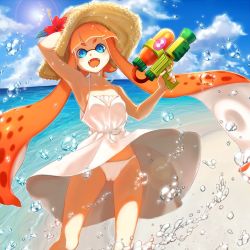 Rule 34 | 1girl, armpits, bad id, bad pixiv id, beach, blue eyes, blunt bangs, casual, clothes lift, cloud, cloudy sky, commentary request, day, dress, dress lift, fangs, flower, hand on headwear, hat, hat flower, highres, holding, holding weapon, inkling, inkling girl, inkling player character, lens flare, long hair, mask, mimimi (echonolog), nintendo, ocean, open mouth, orange hair, panties, pantyshot, pointy ears, short dress, sky, smile, solo, spaghetti strap, splattershot (splatoon), standing, straw hat, sun, sun hat, sundress, tentacle hair, underwear, very long hair, water drop, weapon, wet, white dress, white panties, wind, wind lift