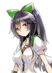 Rule 34 | 1girl, :&lt;, black hair, blush, bow, breasts, female focus, genbou2, hair bow, impossible clothes, impossible shirt, large breasts, long hair, looking at viewer, no nose, ponytail, red eyes, reiuji utsuho, shirt, simple background, solo, tamon ketsuyuki, taut clothes, taut shirt, touhou, upper body