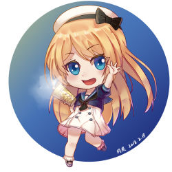 Rule 34 | 1girl, bent over, black neckerchief, blonde hair, blue background, blue eyes, blue sailor collar, chibi, dated, dress, gloves, hand up, hat, jervis (kancolle), kantai collection, long hair, moon ash, neckerchief, open mouth, sailor collar, sailor dress, short sleeves, simple background, smile, solo, v arms, white background, white gloves