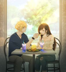 Rule 34 | 1boy, 1girl, absurdres, azezazel, bare shoulders, blonde hair, blue eyes, brown hair, casual, chair, cloud strife, collarbone, couple, crop top, cup, denim, drink, drinking straw, earrings, closed eyes, feeding, final fantasy, final fantasy vii, final fantasy vii remake, food, highres, holding, holding spoon, indoors, jeans, jewelry, long hair, looking at another, pants, shirt, sitting, spiked hair, spoon, square enix, table, tifa lockhart, torn clothes, torn legwear, window