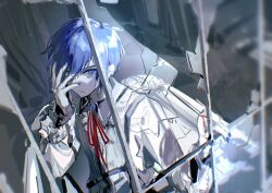 Rule 34 | 1boy, 25-ji kaito, 25-ji nightcord de. (project sekai), angry, blue eyes, blue hair, blue nails, broken glass, broken window, crack, cracked glass, empty eyes, from above, glaring, glass, hand on own face, hand on window, hands up, highres, kaito (vocaloid), long sleeves, looking at viewer, male focus, nail polish, project sekai, red ribbon, ribbon, shirt, short hair, solo, vocaloid, white shirt, yukifish