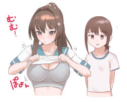 Rule 34 | 2girls, arms behind back, blue sailor collar, blush, bra, breasts, brown eyes, brown hair, cleavage, closed mouth, empty eyes, flower, fubuki (kancolle), grey bra, hair between eyes, hair flower, hair ornament, kantai collection, large breasts, long hair, low ponytail, multiple girls, parted lips, pink flower, sailor collar, sakieko, short ponytail, short sleeves, sidelocks, simple background, tight clothes, underwear, upper body, very long hair, wavy mouth, white background, yamato (kancolle)