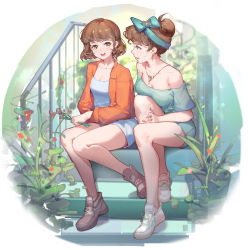 Rule 34 | 2girls, bare shoulders, blue eyes, breasts, brown hair, earrings, green eyes, highres, jacket, jewelry, large breasts, looking at another, medium breasts, meinoss, multiple girls, necklace, on stairs, open mouth, orange jacket, original, plant, railing, shoes, short hair, sitting, sitting on stairs, stairs, teeth, upper teeth only