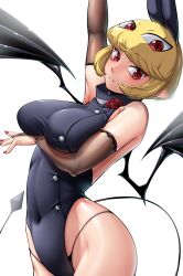 Rule 34 | 1girl, animal ears, arm under breasts, arm up, armpits, bare shoulders, bat ears, bat wings, black gloves, black leotard, black panties, blonde hair, breasts, closed mouth, cowboy shot, debby the corsifa, debby the corsifa wa makezugirai, demon girl, demon wings, elbow gloves, expressionless, eyebrows, eyelashes, fangs, female focus, fingerless gloves, fingernails, from side, gloves, highleg, highleg leotard, highres, large breasts, leotard, long fingernails, looking at viewer, looking to the side, max (maxlikeapicture), multiple eyes, nail polish, navel, outstretched arm, panties, pointy ears, red eyes, red nails, short hair, simple background, skin fangs, solo, standing, underwear, white background, wide hips, wings
