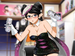 Rule 34 | 1girl, :o, alcohol, bare shoulders, bedroom, beer, black hair, black strapless, blue eyes, blush, breasts, callie (splatoon), callie (splatoon) (cosplay), can, cleavage, clownculture, collarbone, cosplay, detached collar, double bun, earrings, female focus, glasses, gloves, highres, holding, jewelry, large breasts, legs, long hair, looking at viewer, mole, mole under eye, nintendo, original, pointy ears, solo, splatoon (series), standing, strapless, strapless unitard, tentacle hair, thighs, unitard