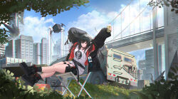 Rule 34 | 2girls, absurdres, arknights, arms up, black footwear, black hair, black jacket, black socks, boots, box, bridge, building, car, chair, cityscape, closure (arknights), cloud, cloudy sky, commission, cup, drone, full body, github, hair between eyes, highres, holding, holding cup, id card, jacket, lan liyu renzi, lanyard, lens flare, logo parody, long hair, looking at viewer, motor vehicle, multiple girls, open clothes, open jacket, outdoors, pointy ears, red eyes, red jacket, scenery, second-party source, shirt, sitting, sky, smile, socks, thighs, traffic cone, two-sided fabric, two-sided jacket, white shirt