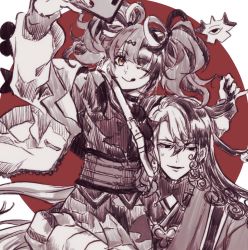 Rule 34 | 1boy, 1girl, :q, ashiya douman (fate), asymmetrical hair, bell, black eyes, carrying over shoulder, curly hair, earrings, fate/grand order, fate (series), hair bell, hair between eyes, hair intakes, hair ornament, holding, holding phone, japanese clothes, jewelry, kimono, long hair, looking away, magatama, magatama earrings, multicolored hair, one eye closed, open clothes, open kimono, phone, ren (hn2eix), sei shounagon (fate), selfie, shikigami, spot color, sweatdrop, tongue, tongue out, two-tone hair, upper body, very long hair, yellow eyes