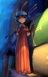 Rule 34 | 10s, 1girl, adapted costume, black gloves, blue hair, book, book stack, commentary request, dress, gloves, green eyes, hat, hat feather, highres, kaban (kemono friends), kemono friends, long dress, looking at viewer, mini person, minigirl, open mouth, puffy short sleeves, puffy sleeves, red dress, short hair, short sleeves, signature, solo, welt (kinsei koutenkyoku), white hat