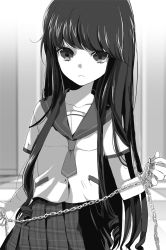 Rule 34 | 10s, 1girl, chain, checkered floor, collarbone, greyscale, highres, holding, holding chain, long hair, looking at viewer, manyako (mohumohu), monochrome, non-web source, novel illustration, official art, pleated skirt, school uniform, serafuku, shirt, short sleeves, skirt, solo, standing, strike the blood, very long hair