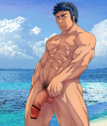 Rule 34 | 1boy, abs, bara, beach, black hair, censored, erection, funa (artist), looking at viewer, male focus, muscular, nude, original, outdoors, pectorals, penis, pubic hair, public indecency, solo, summer, tagme, testicles, water