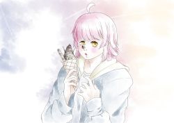 Rule 34 | 1girl, aqua jacket, aqua shirt, artist name, artist request, blue jacket, blunt bangs, blush, bow, bowtie, breasts, brown eyes, checkered clothes, collared shirt, drawstring, female focus, highres, holding, holding ice cream cone, hood, hooded jacket, ice cream cone, jacket, long sleeves, looking at viewer, love live!, love live! nijigasaki high school idol club, neck ribbon, nijigasaki school uniform, open clothes, open jacket, parted lips, pink hair, ribbon, school uniform, shirt, short hair, sleeves past wrists, smile, solo, summer uniform, tennoji rina, upper body, white shirt, yellow bow, yellow eyes, yellow ribbon