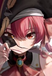 Rule 34 | 1girl, arrow through heart, ascot, bicorne, black choker, black hat, brooch, choker, close-up, closed mouth, commentary request, eyepatch, gem, green gemstone, hair between eyes, hair ribbon, hat, heart, heterochromia, highres, holding eyepatch, hololive, houshou marine, houshou marine (1st costume), jacket, jewelry, looking at viewer, pirate, pirate hat, portrait, red ascot, red eyes, red hair, red jacket, red ribbon, removing eyepatch, ribbon, samu (sam deg369), smile, solo, twintails, virtual youtuber, yellow eyes