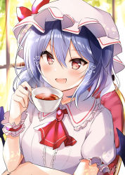 Rule 34 | 1girl, :d, artist name, ascot, blue hair, blush, bow, brooch, commentary request, cup, dress, frilled shirt collar, frills, hair between eyes, hand up, hat, hat bow, heart, heart-shaped pupils, holding, holding cup, jewelry, looking at viewer, mob cap, nenobi (nenorium), open mouth, puffy short sleeves, puffy sleeves, red ascot, red bow, red eyes, remilia scarlet, short hair, short sleeves, signature, smile, solo, symbol-shaped pupils, teacup, touhou, translated, upper body, white dress, white hat, wrist cuffs