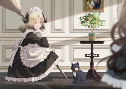 Rule 34 | 2girls, alternate costume, animal, apron, arknights, black cat, black dress, blurry, blurry foreground, broom, brown hair, cat, commentary request, depth of field, dress, enmaided, flower, frilled apron, frilled dress, frills, hand up, highres, horns, ifrit (arknights), indoors, juliet sleeves, kobayashi-san chi no maidragon, long hair, long sleeves, looking to the side, low twintails, maid, maid apron, maid headdress, multiple girls, orange eyes, plant, potted plant, puffy sleeves, red flower, ribbon-trimmed dress, short twintails, sin., solo focus, squatting, table, twintails, very long hair, white apron