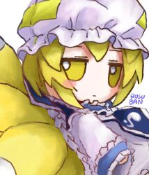 Rule 34 | 1girl, artist name, blonde hair, blue tabard, blush, chibi, closed mouth, commentary, dress, fox tail, frilled dress, frills, from side, fumo (doll), hat, highres, jitome, long sleeves, looking at viewer, looking to the side, mob cap, multiple tails, short hair, signature, simple background, sleeves past wrists, solo, tabard, tail, touhou, white background, white dress, white hat, yakumo ran, yakumora n, yellow eyes