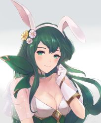 Rule 34 | 1girl, animal ears, breasts, choker, cleavage, closed mouth, fake animal ears, fire emblem, fire emblem: mystery of the emblem, fire emblem heroes, flower, frilled choker, frills, gloves, green eyes, green hair, hair flower, hair ornament, leonmandala, long hair, medium breasts, nintendo, palla (fire emblem), rabbit ears, see-through, see-through sleeves, simple background, smile, solo, upper body, white gloves