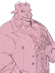 Rule 34 | 1boy, animal ears, bara, bouquet, chest tuft, commentary request, cow ears, cow horns, facial hair, flower, formal, furry, furry male, goatee, grin, gyumao (housamo), highres, holding, holding bouquet, horns, jewelry, lapels, large pectorals, male focus, mature male, minotaur, mohawk, monochrome, muscular, muscular male, necklace, notched lapels, official alternate costume, peaked lapels, pectoral cleavage, pectorals, rose, scar, scar on face, scar on nose, shiratori yokikana, shirt, short hair, sleeves rolled up, smile, solo, striped clothes, striped shirt, suit, thick eyebrows, tokyo houkago summoners, upper body, vertical-striped clothes, vertical-striped shirt, white background