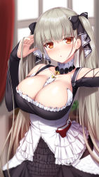 Rule 34 | 1girl, absurdres, azur lane, between breasts, blurry, blurry background, blush, breasts, cleavage, collarbone, cowboy shot, curtains, detached collar, expressionless, formidable (azur lane), frills, grey hair, hair ribbon, hand in own hair, highres, kageira, large breasts, long hair, long sleeves, looking at viewer, red eyes, ribbon, solo, twintails, two-tone dress, two-tone ribbon, very long hair, white frills, window