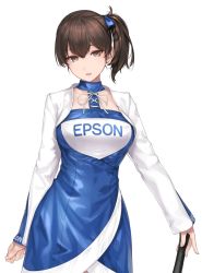 Rule 34 | 1girl, alternate costume, blue dress, breasts, brown eyes, brown hair, commentary request, cowboy shot, dress, epson, hair ribbon, highres, kaga (kancolle), kantai collection, large breasts, long hair, long sleeves, parted lips, race queen, ribbon, rokuwata tomoe, side ponytail, simple background, white background
