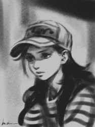 Rule 34 | 1girl, baseball cap, closed mouth, expressionless, gohpot, greyscale, hat, highres, monochrome, original, shirt, signature, solo, striped clothes, striped shirt