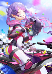 Rule 34 | 1girl, absurdres, alternate costume, artist request, ass, blue sky, blush, breasts, closed eyes, cloud, cloudy sky, ear piercing, gloves, helmet, highres, hololive, long hair, medium breasts, motor vehicle, motorcycle, open mouth, piercing, purple hair, race queen, sky, sweat, tail, tokoyami towa, twintails, virtual youtuber