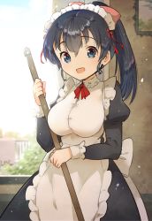 Rule 34 | 1girl, apron, black hair, blue eyes, blue sky, blush, breasts, commentary request, day, frills, hair between eyes, hair ornament, hair ribbon, ichihaya, impossible clothes, indoors, large breasts, long hair, long sleeves, looking at viewer, maid, maid apron, maid headdress, open mouth, original, ponytail, puffy sleeves, ribbon, sky, solo, waist apron, wrist cuffs