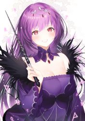 Rule 34 | 1girl, absurdres, arrow (tamawo222), blush, breasts, cleavage, commentary request, dress, fate/grand order, fate (series), hair between eyes, hand up, highres, holding, holding wand, long hair, long sleeves, looking at viewer, medium breasts, open mouth, purple dress, purple hair, red eyes, scathach (fate), scathach skadi (fate), smile, solo, upper body, wand, wide sleeves