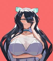 Rule 34 | 1girl, animal ears, bare shoulders, black hair, blue eyes, breasts, choker, cleavage, erina makina, gogibahp, hair over one eye, heart, heart-shaped pupils, highres, huge breasts, long bangs, long hair, phase connect, red background, see-through, see-through cleavage, simple background, smile, solo, symbol-shaped pupils, tiger ears, very long hair