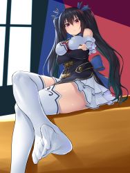 Rule 34 | 1girl, black hair, breasts, crossed arms, elbow gloves, feet, foot focus, from below, full body, gloves, hair ribbon, highres, large breasts, crossed legs, looking at viewer, medium breasts, neptune (series), no shoes, noire (neptunia), oekakizuki, red eyes, ribbon, sitting, skirt, solo, thighhighs, thighs, toe-point, toes, twintails, zettai ryouiki