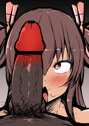 Rule 34 | 1boy, 1girl, bar censor, blush, brown hair, censored, erection, heart, heart-shaped pupils, hetero, highres, imminent fellatio, licking, licking testicle, long hair, looking at another, looking at penis, lovelovemaid, mizuki yukikaze, nude, penis, penis on face, red eyes, ribbon, saliva, saliva trail, simple background, smile, solo, sweat, symbol-shaped pupils, taimanin (series), taimanin yukikaze, testicles, twintails, upper body, very long hair