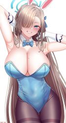Rule 34 | 1girl, absurdres, animal ears, arm behind head, armpits, asuna (blue archive), asuna (bunny) (blue archive), blue archive, blue eyes, blue halo, blue leotard, blue ribbon, blush, breasts, brown hair, brown pantyhose, cleavage, collar, detached collar, dwi c, fake animal ears, gloves, hair over one eye, hair ribbon, halo, highres, large breasts, leotard, long hair, looking at viewer, mole, mole on breast, one eye covered, pantyhose, playboy bunny, rabbit ears, ribbon, smile, solo, swept bangs, upper body, very long hair, white background, white collar, white gloves