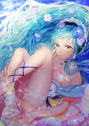 Rule 34 | 1girl, absurdres, aqua hair, blue eyes, blue flower, blue rose, breast press, breasts, cleavage, dress, flower, gem, hair flower, hair ornament, hairband, heterochromia, highres, jewelry, kimpeul, large breasts, long hair, necklace, original, rose, solo, sparkle, strapless, strapless dress, very long hair, white flower, white rose, yellow eyes