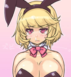 Rule 34 | animal ears, bare shoulders, blonde hair, blush, breasts, cleavage, fake animal ears, fax ogawa, large breasts, leotard, pink eyes, playboy bunny, rabbit ears, short hair, snot, solo, tears