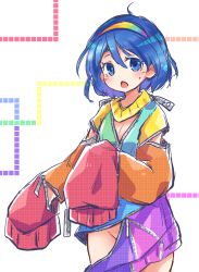 Rule 34 | 1girl, blue dress, blue eyes, blue hair, dress, hair between eyes, hairband, hands up, highres, looking at viewer, multicolored clothes, multicolored dress, multicolored hairband, no panties, open mouth, orange dress, pink dress, pote (ptkan), purple dress, rainbow gradient, red dress, red square, short hair, simple background, solo, square, standing, tenkyuu chimata, touhou, unconnected marketeers, white background, yellow dress