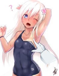 Rule 34 | 10s, 1boy, 1girl, :o, ?, admiral (kancolle), armpits, ayagi daifuku, blue eyes, blush, collarbone, flower, gloves, hair flower, hair ornament, kantai collection, one-piece swimsuit, one eye closed, poking, ro-500 (kancolle), school swimsuit, simple background, solo focus, swimsuit, tan, tanline, white background, white gloves, white hair